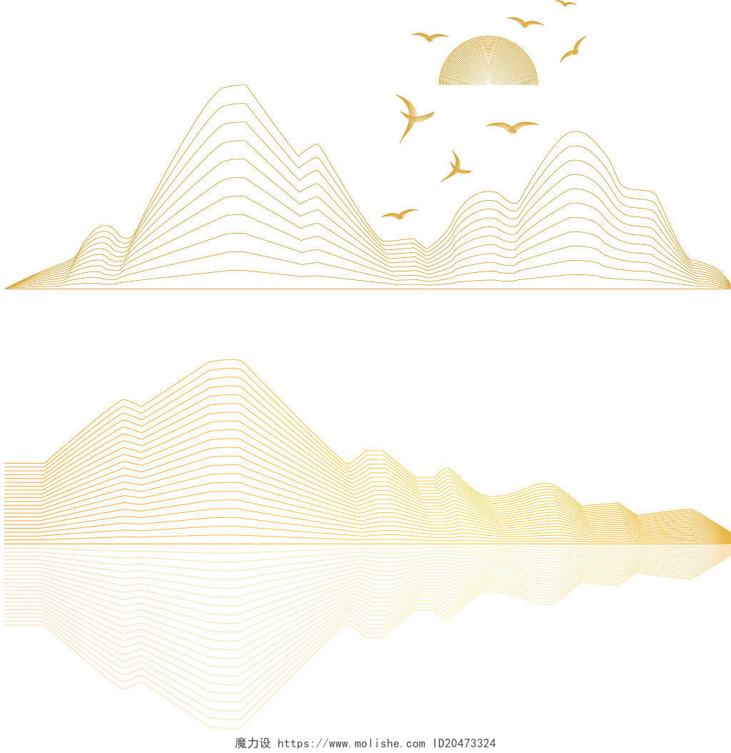 国潮线性山 金色山 线条山元素 线性山与飞鸟国潮山元素